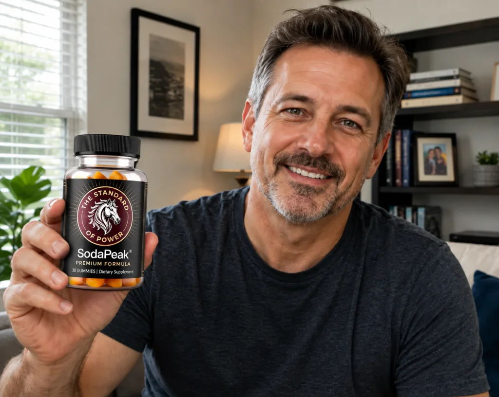 Man holding a bottle of SodaPeak gummies